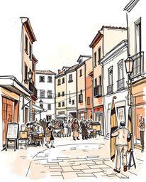 A captivating hand-drawn sketch depicting a vibrant musical number unfolding in a lively town square. Rendered in natural ear