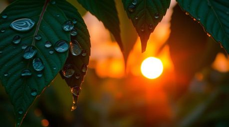 This high-resolution stock photo captures a stunning sunset reflecting in delicate raindrops clinging to lush leaves. The ima
