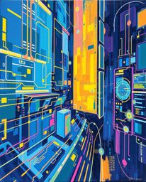 This bold acrylic painting captures a futuristic digital interface with stunning detail. Geometric patterns and holographic e