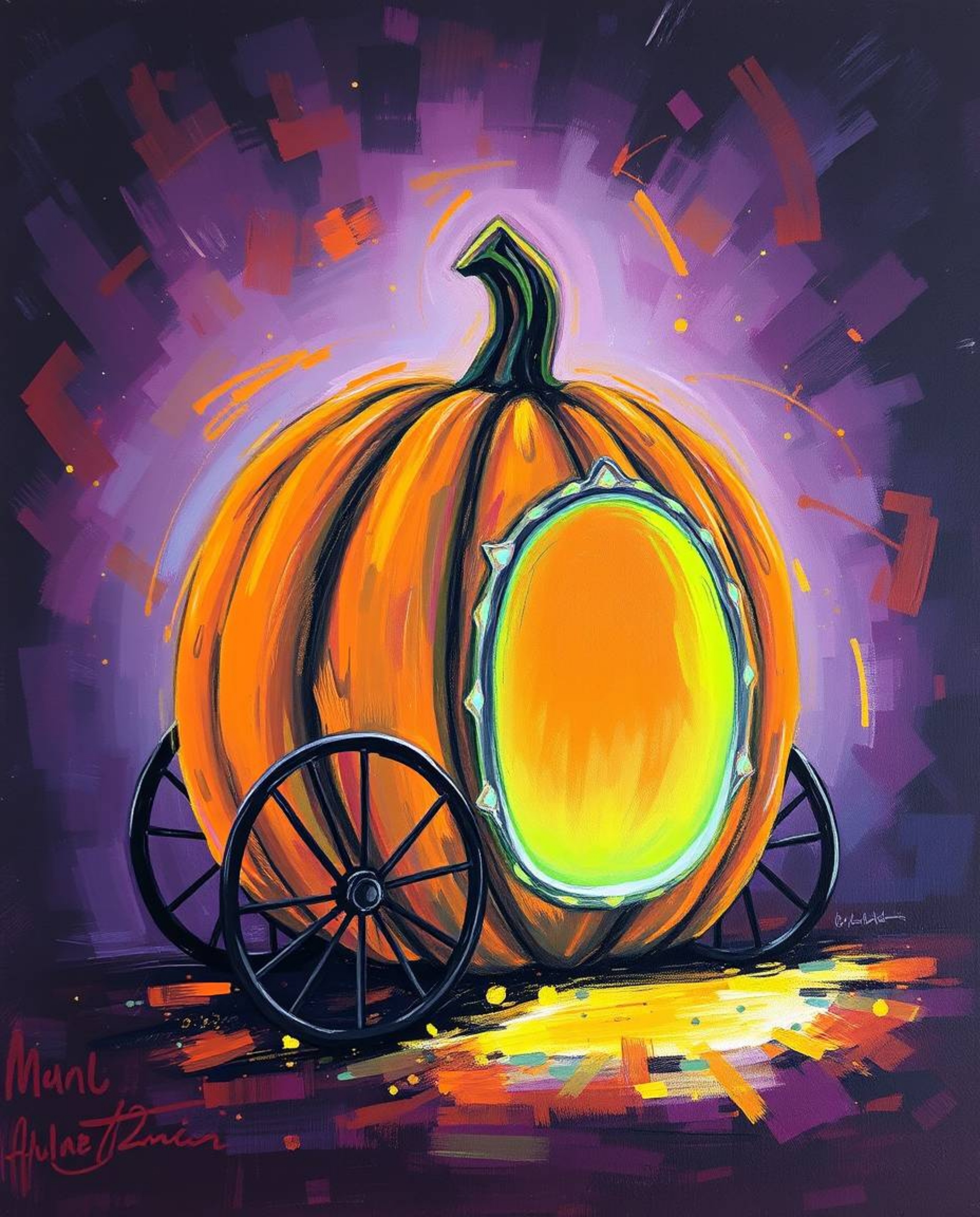 This bold acrylic painting depicts a mesmerizing scene where a glowing bioluminescent pumpkin undergoes a magical transformat