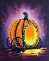 This bold acrylic painting depicts a mesmerizing scene where a glowing bioluminescent pumpkin undergoes a magical transformat