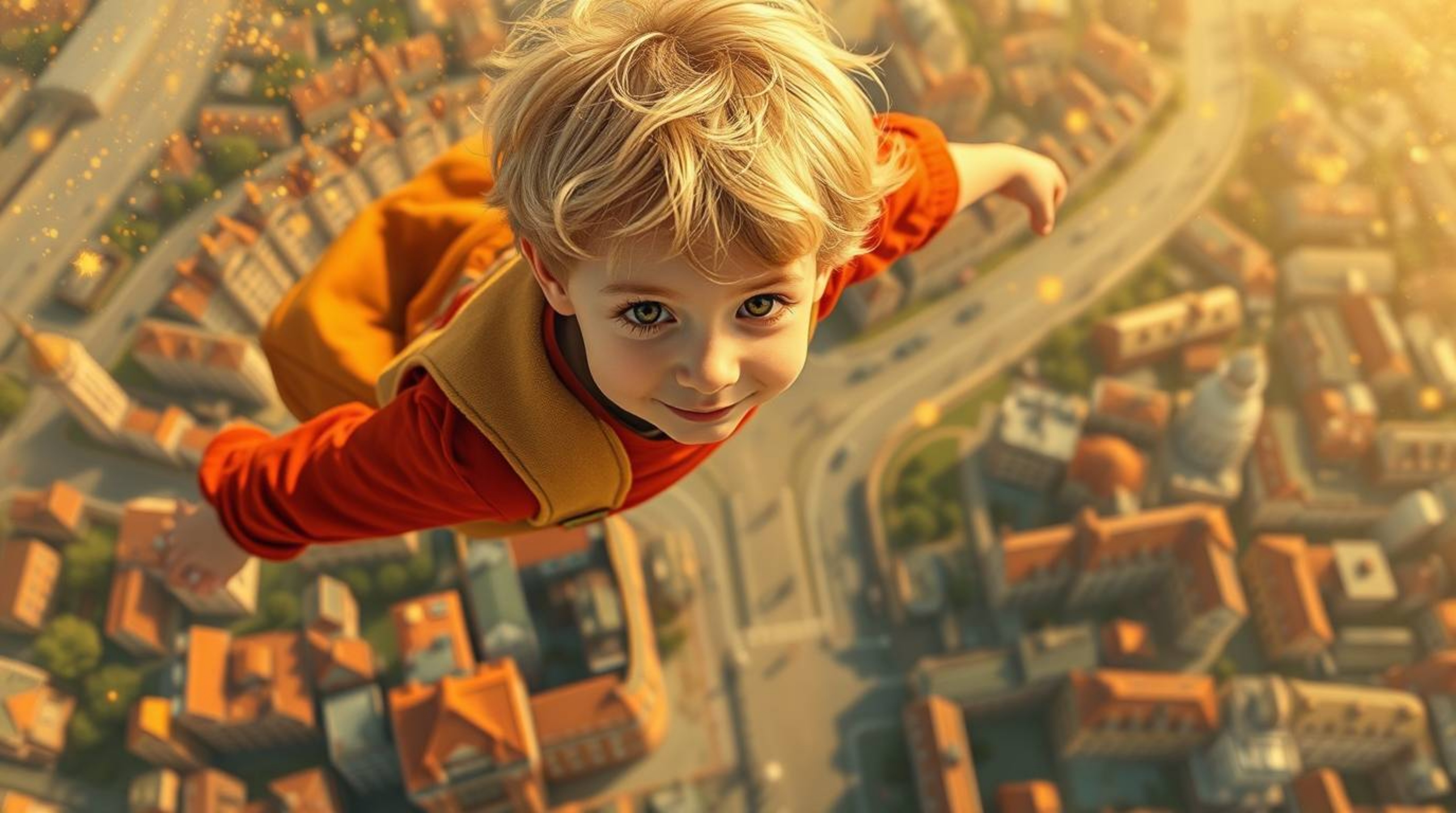 A whimsical scene unfolds featuring a young boy with blond hair, seen from a warm bird's eye perspective, joyfully soaring ab