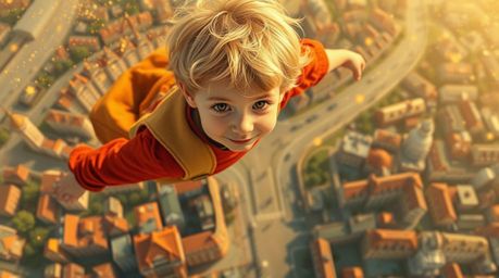 A whimsical scene unfolds featuring a young boy with blond hair, seen from a warm bird's eye perspective, joyfully soaring ab