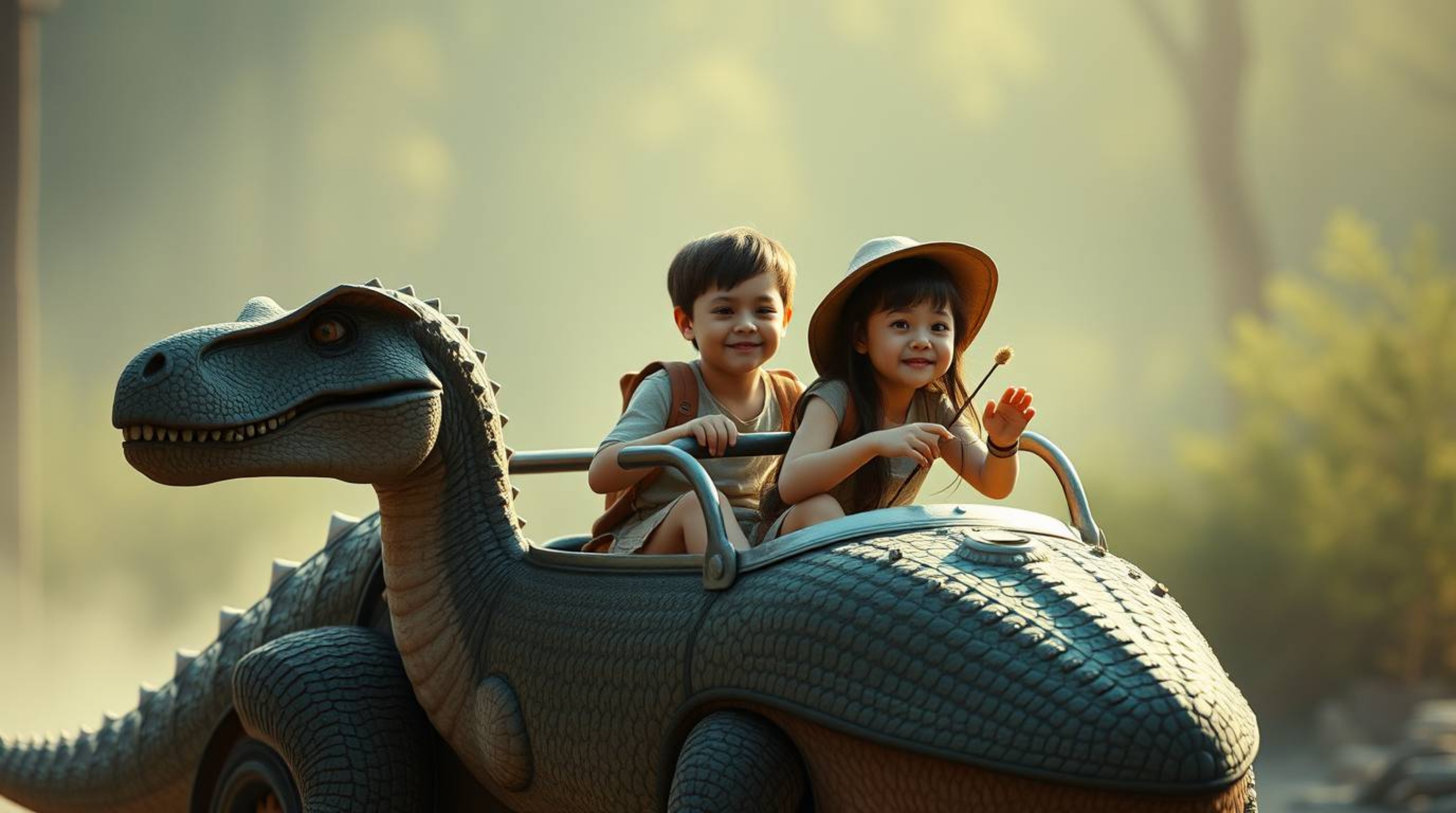 This high-resolution stock photo captures a prehistoric family with serene expressions joyfully riding a dinosaur car, radiat