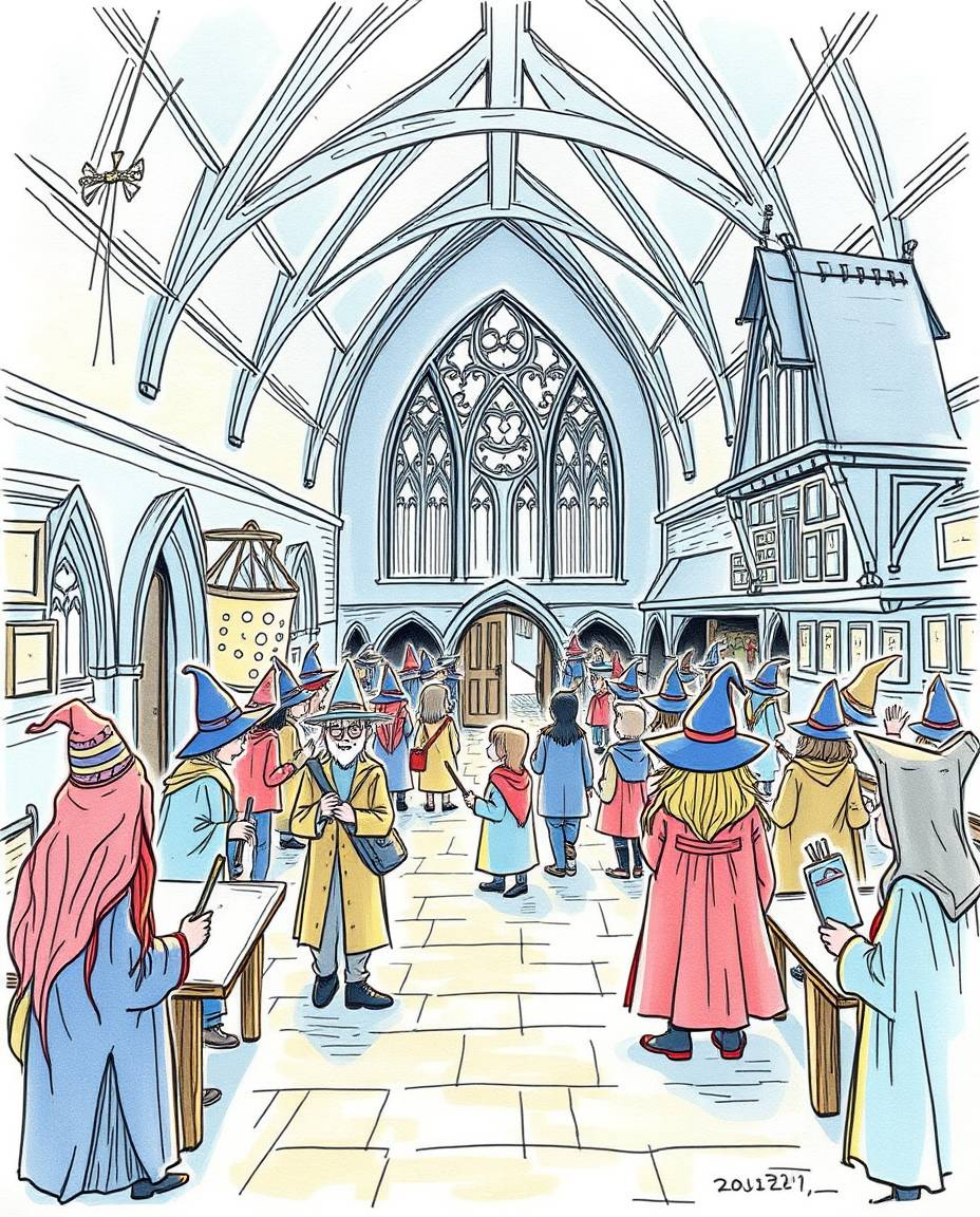 Explore a hand-drawn sketch of a vibrant magical school bustling with young wizards, rendered in a delightful color sketchnot