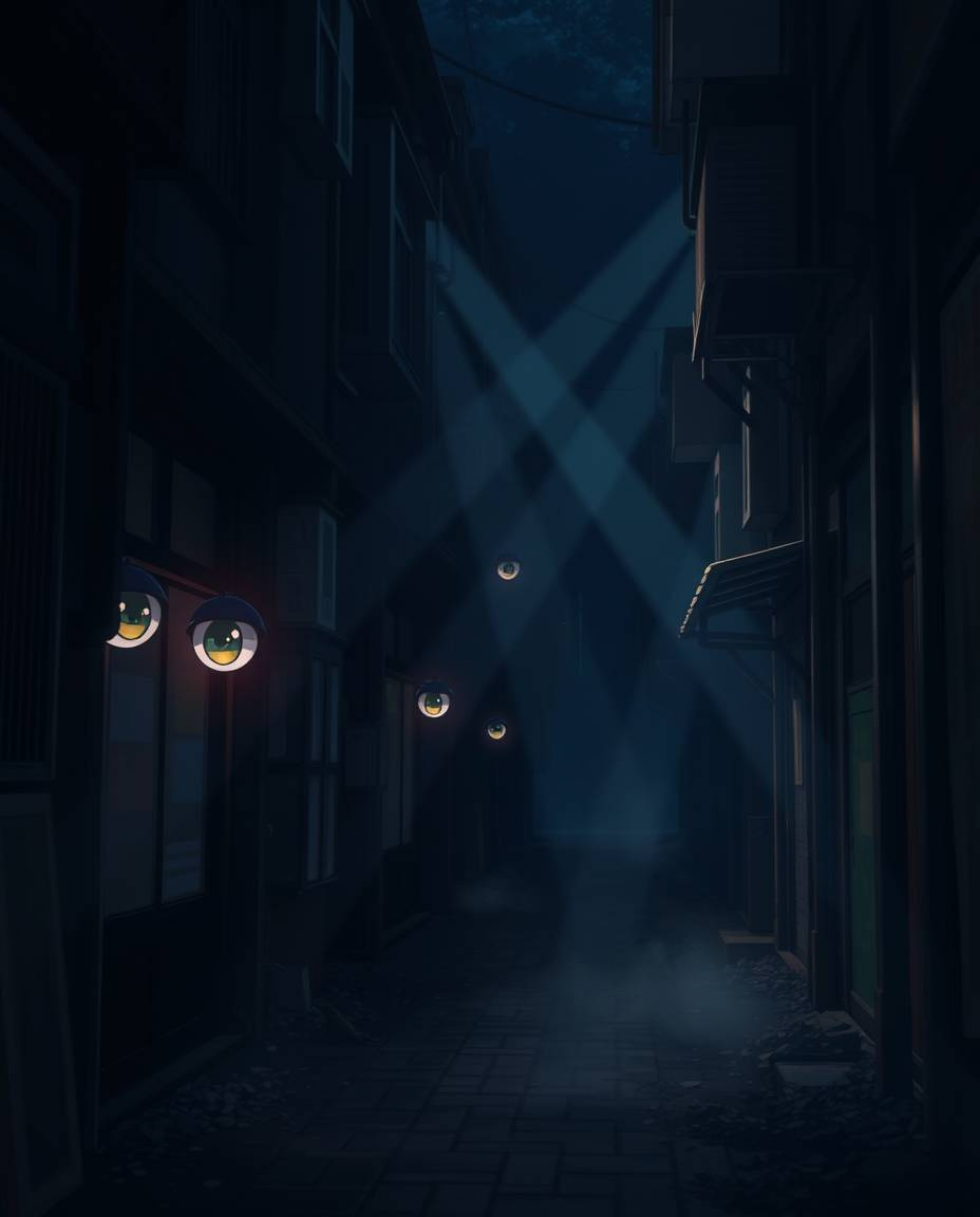Dive into a captivating Isekai anime-style scene where volumetric lighting dramatically illuminates eyes peering from the sha