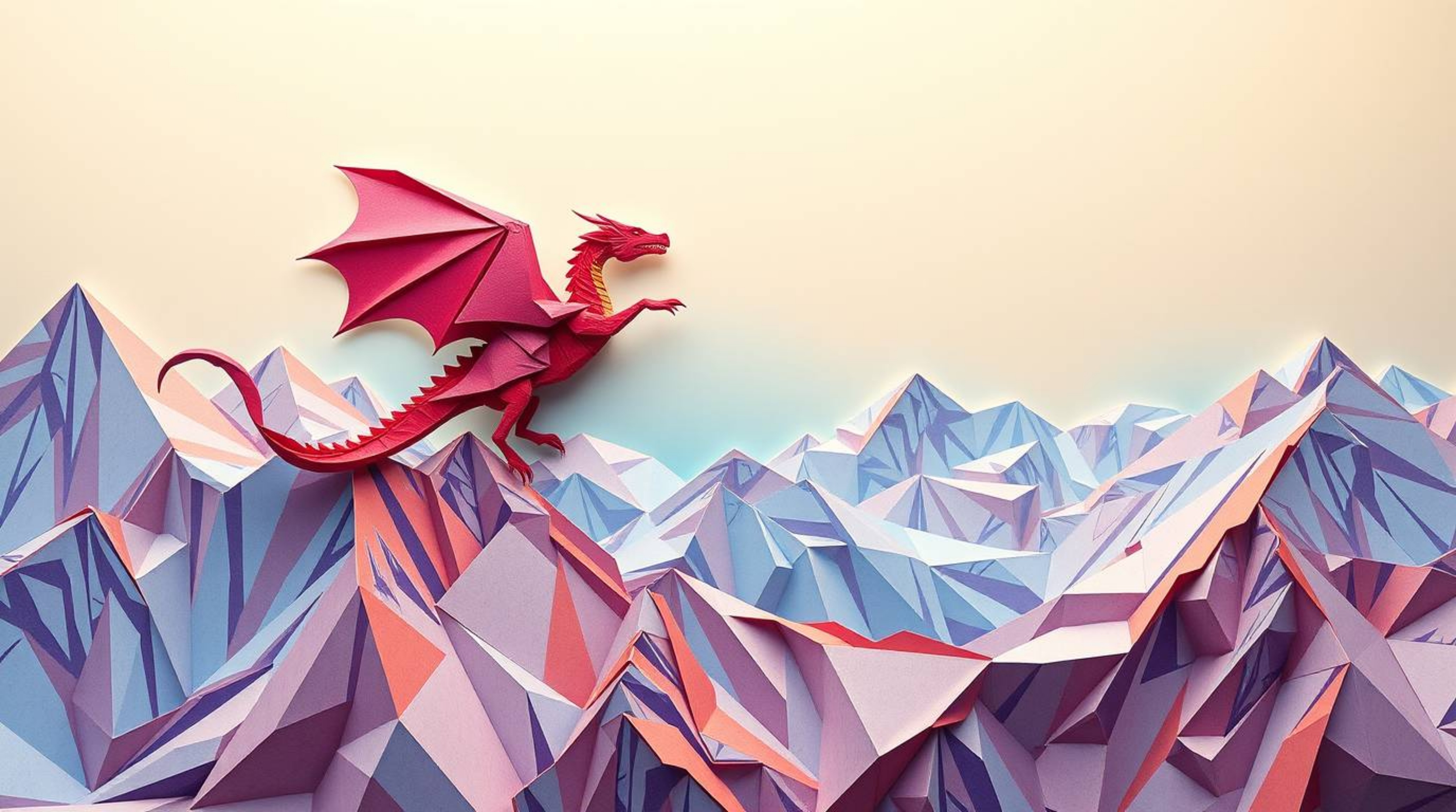 Experience the breathtaking beauty of a dragon and its rider soaring above icy mountains, crafted in an intricate origami sty