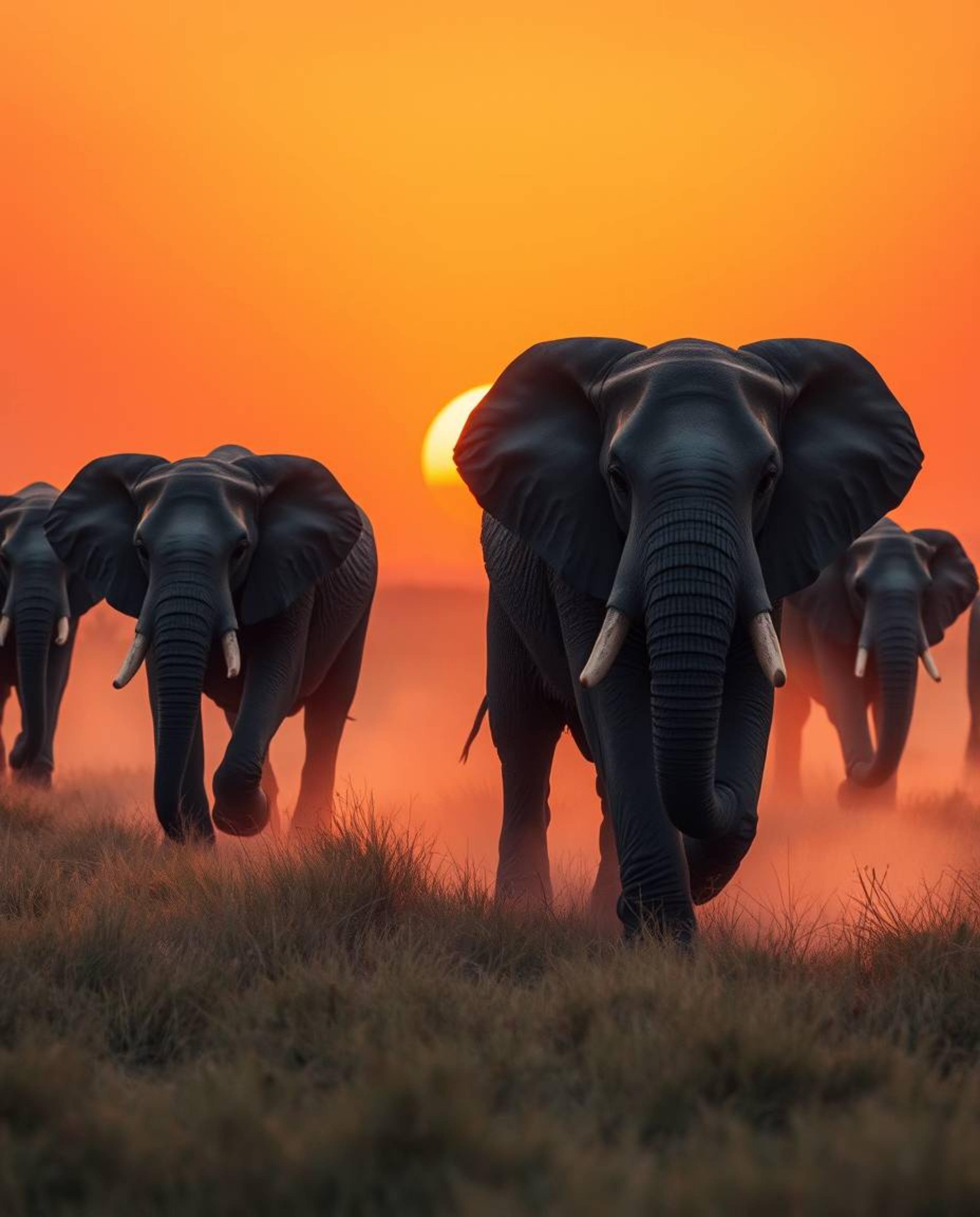 This is a stunning digital painting of elephants walking across a field at sunset, distinguished by its use of volumetric lig