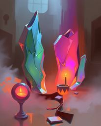 Discover stunning surreal 3D digital art featuring melted glass shapes in a captivating sci-fi environment.  Warm candlelight