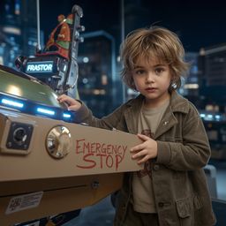 Exquisite high-fashion photography captures a young boy with curious brown eyes and messy blond hair, confidently standing be