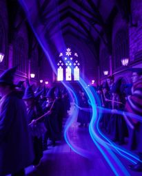 Capture the ethereal beauty of a magical school brimming with young wizards in this long exposure photograph. Bathed in deep