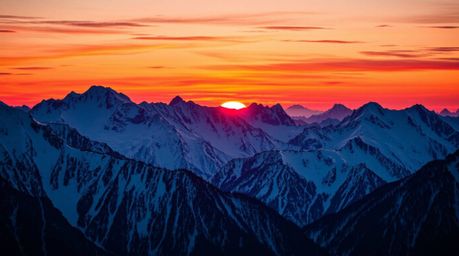 Capture the breathtaking beauty of snow-covered mountains illuminated by a pastel sunset in a vibrant, high-contrast image. T