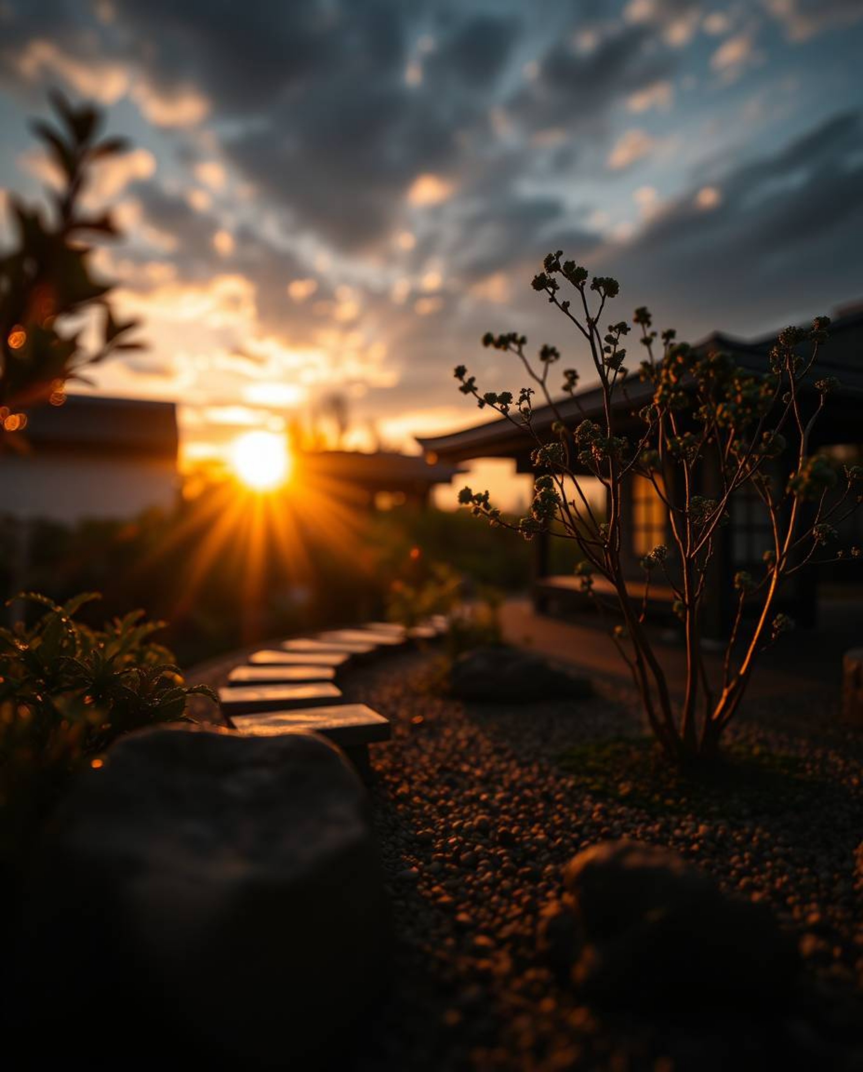 Explore the intricate beauty of a serene Zen garden at sunset through an extreme macro close-up photograph. This stunning ima