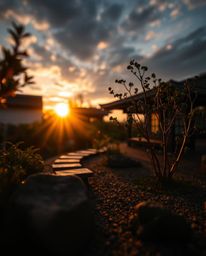 Explore the intricate beauty of a serene Zen garden at sunset through an extreme macro close-up photograph. This stunning ima