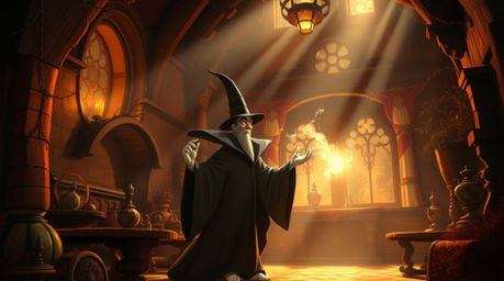 A captivating digital painting depicts a classic Disney villain casting a spell within a cozy, old castle. Warm autumnal col