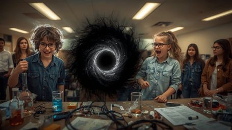 A dramatic, high-contrast photograph captures two ecstatic science fair participants, a bespectacled boy with a messy mop of 