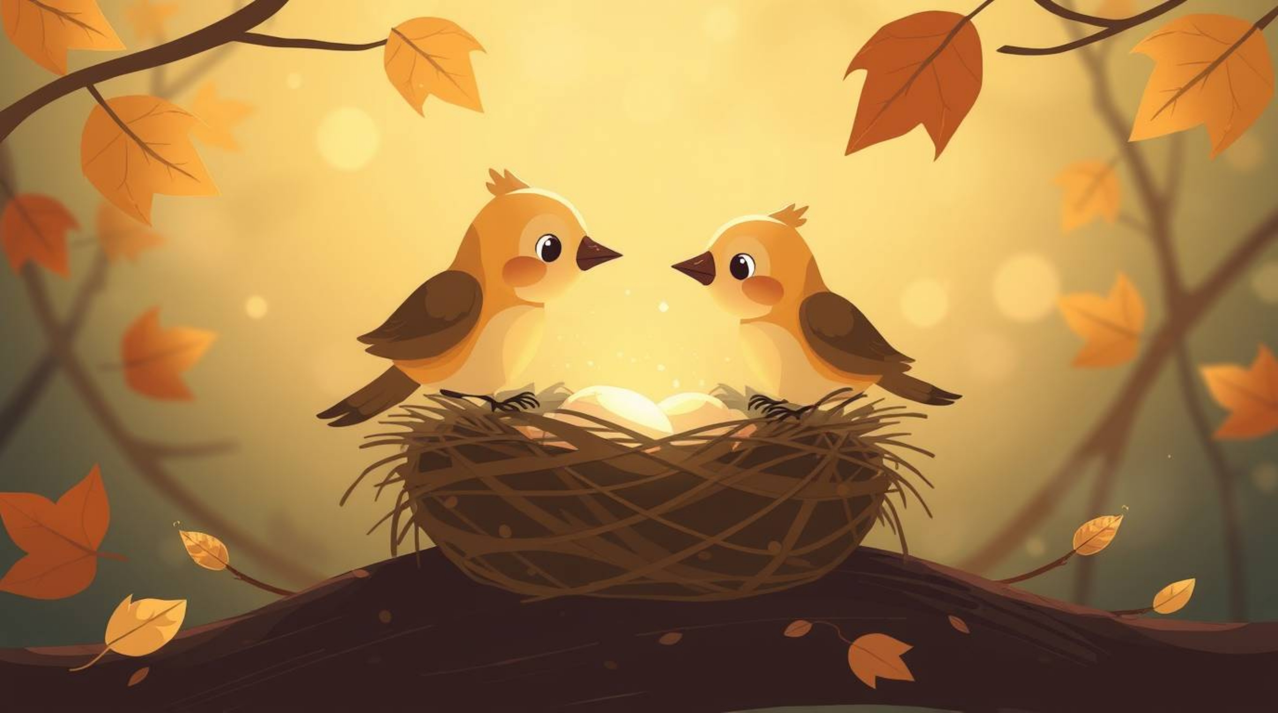 This illustration depicts two charming cartoon birds diligently building their nest in a classic animation style, evoking a s