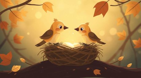 This illustration depicts two charming cartoon birds diligently building their nest in a classic animation style, evoking a s
