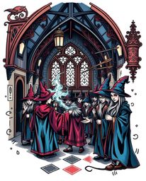 This artwork depicts a magical school brimming with young wizards, rendered in the style of a symbolic traditional tattoo art