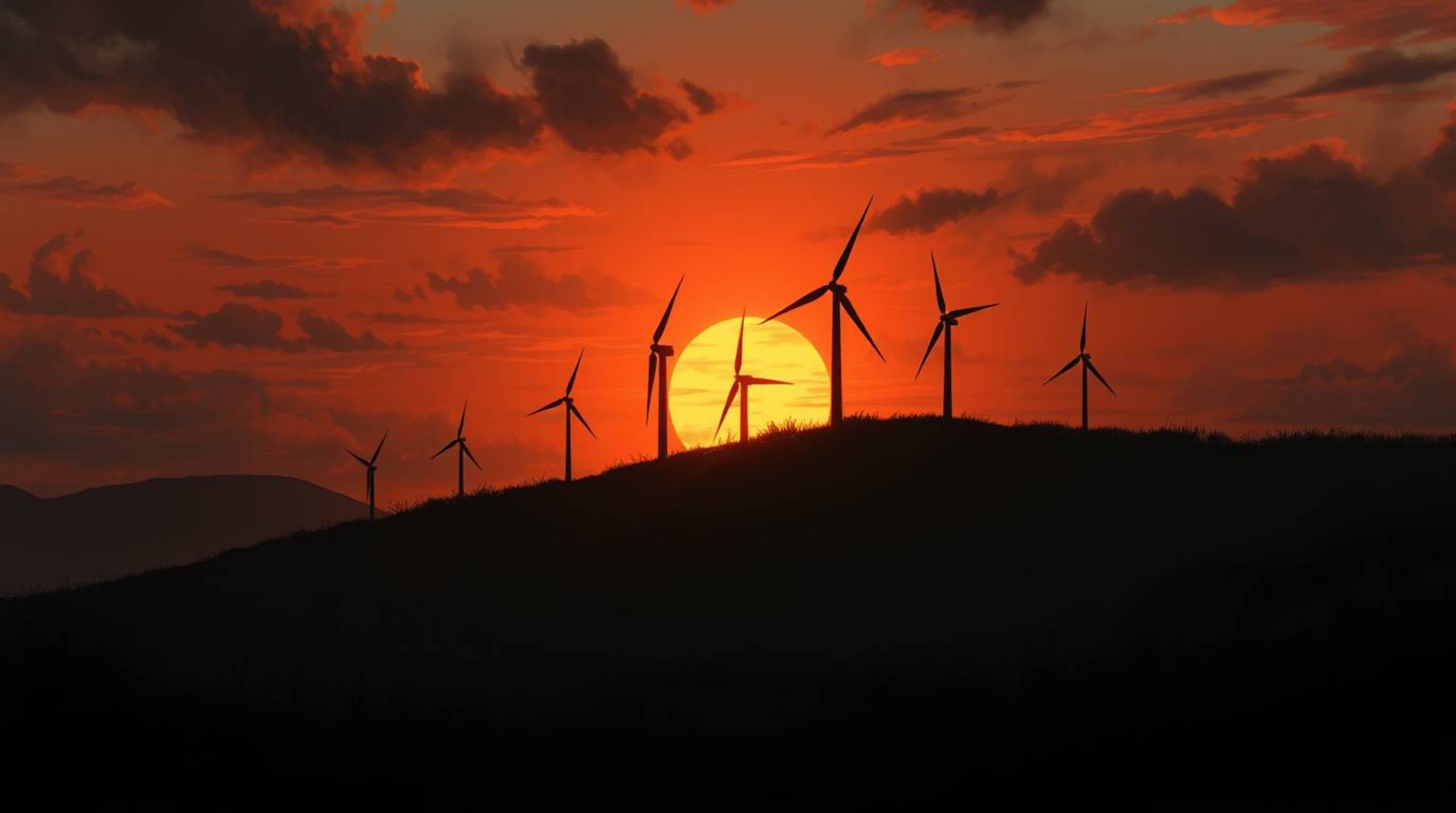 A digital painting inspired by eerie Isekai anime, showcasing a dramatic sunset backdrop behind a row of wind turbines perche
