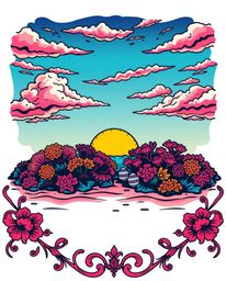 A symbolic, traditional tattoo-style print depicts a bright, vibrant coral reef at low tide under a colorful sky. This lively