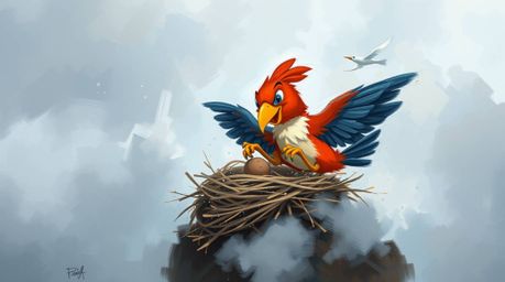 Witness two adorable cartoon birds constructing their nest amidst a thick, foggy environment. This bold acrylic painting show