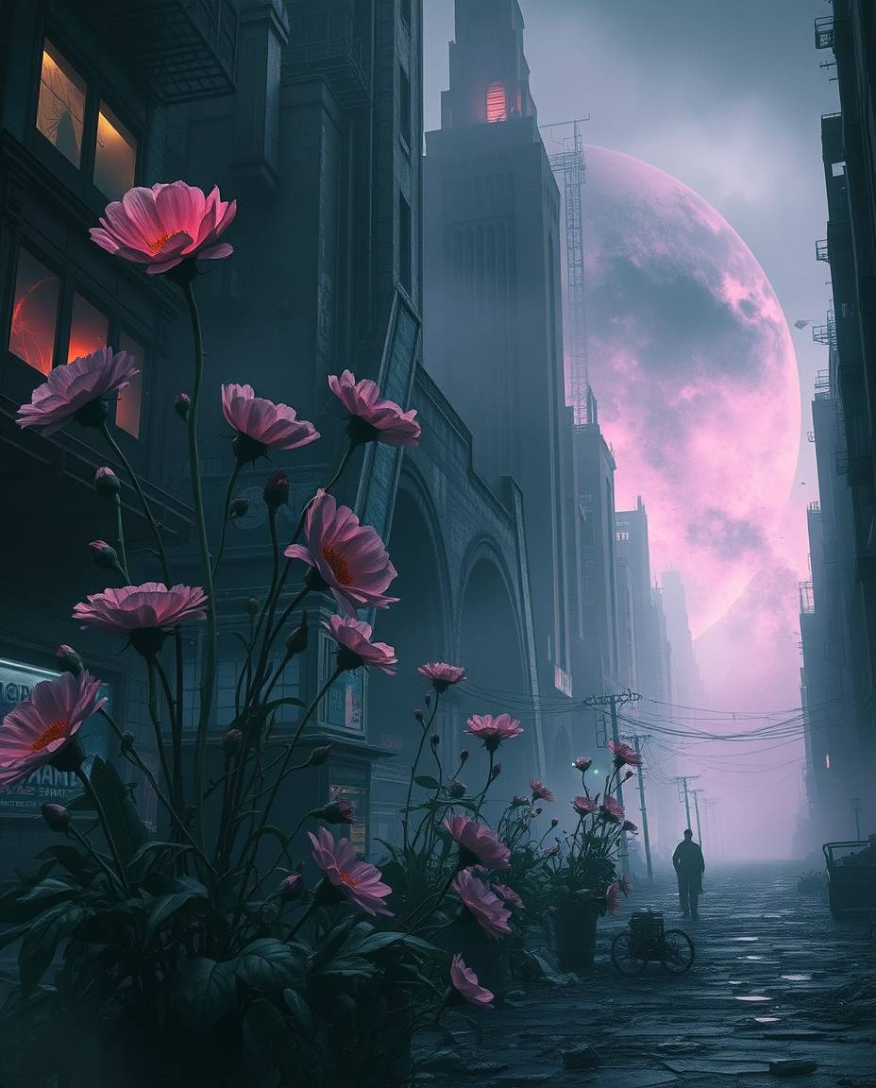 Intense jet black and complementary epic colors depict misty flowers blooming in a post-apocalyptic city. This digital artwor