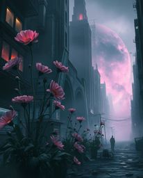 Intense jet black and complementary epic colors depict misty flowers blooming in a post-apocalyptic city. This digital artwor