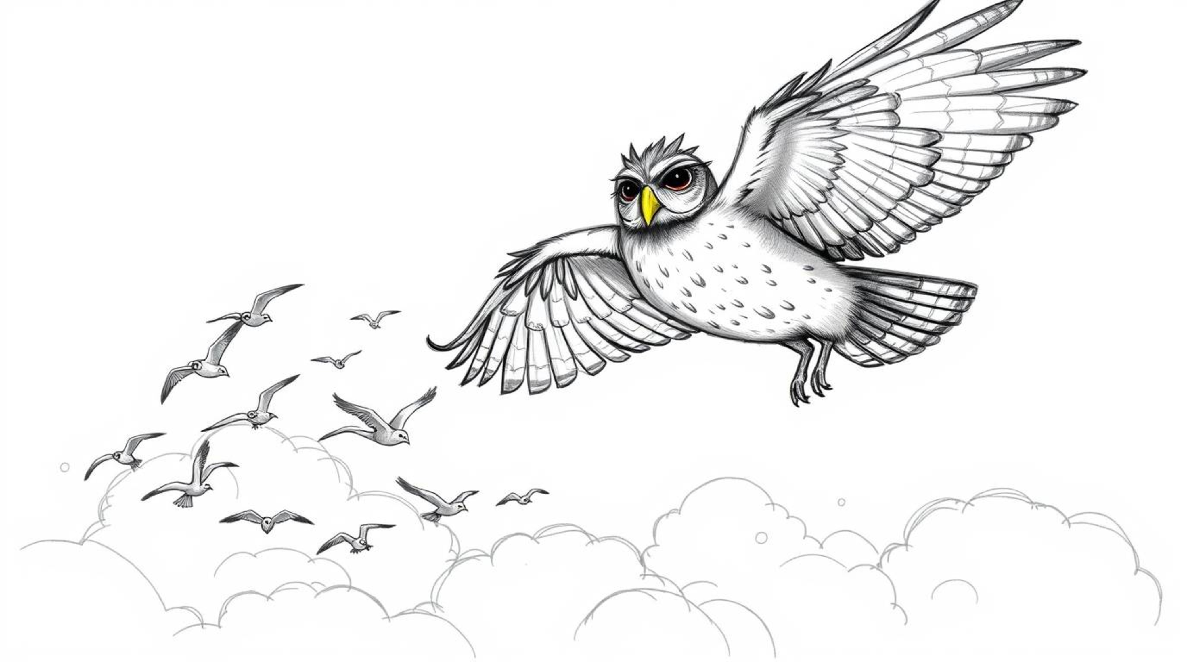 A captivating hand-drawn sketch in Pixar style depicts a blind owl with textured pencil strokes and rough lines, soaring prou