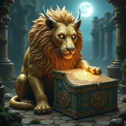 A majestic serpent-lion, a golden-hued mythical creature with a powerful lion's body and a serpent's head, guards an ancient 