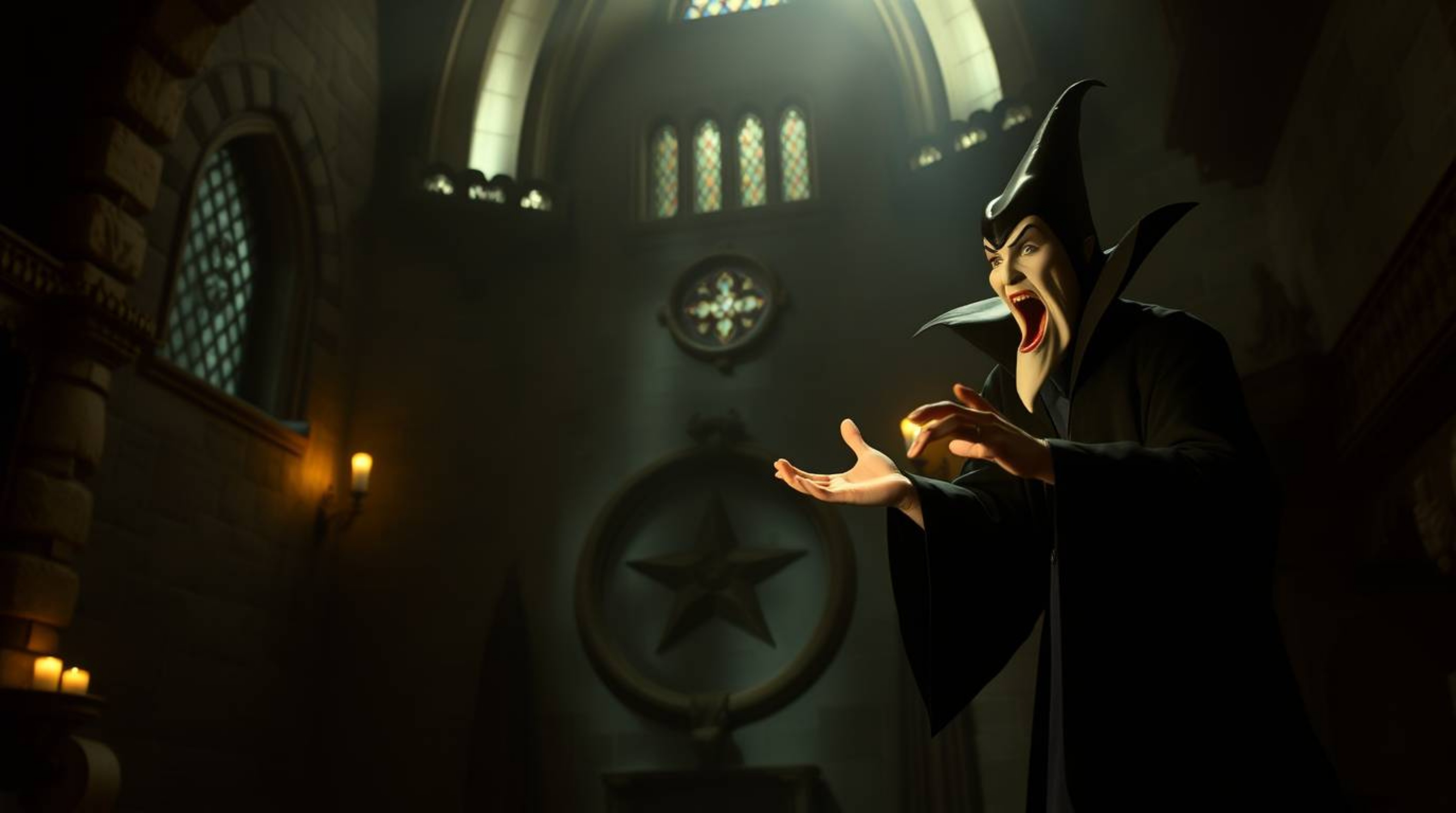 A cinematic depiction of a classic Disney villain casting a spell in an old castle, this scene evokes a film-like quality wit