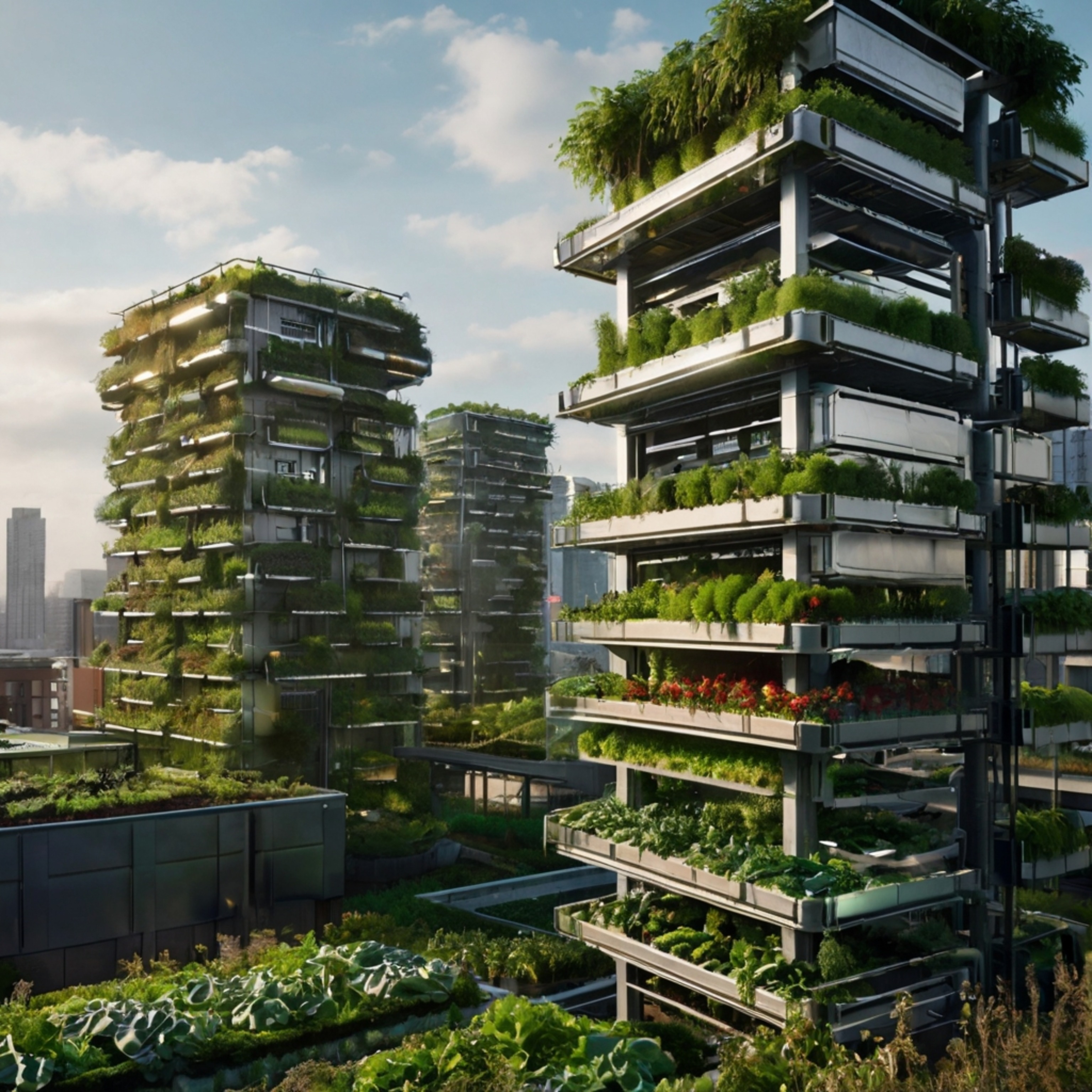 Envisioning the future of urban spaces: a vibrant and sustainable ecosystem featuring vertical farms that maximize space, gre