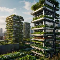 Envisioning the future of urban spaces: a vibrant and sustainable ecosystem featuring vertical farms that maximize space, gre