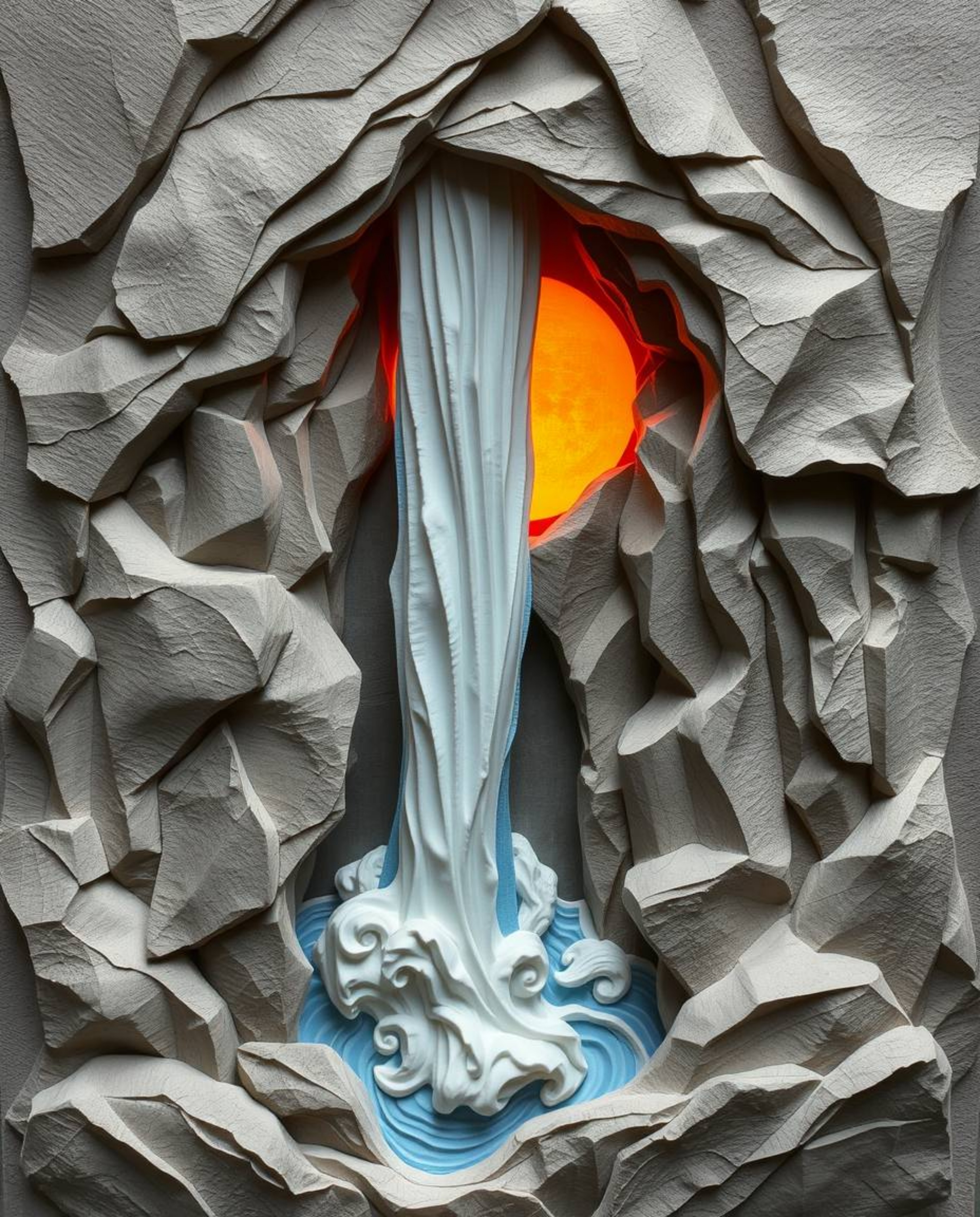 A sculpted papier-mâché artwork depicting a graceful and elegant waterfall with the sun setting behind it. This piece showcas