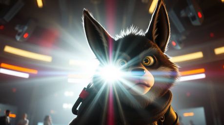 A grand, futuristic scene is dramatically lit with intense lighting and an epic lens flare.  The focal point is a heroic, sar