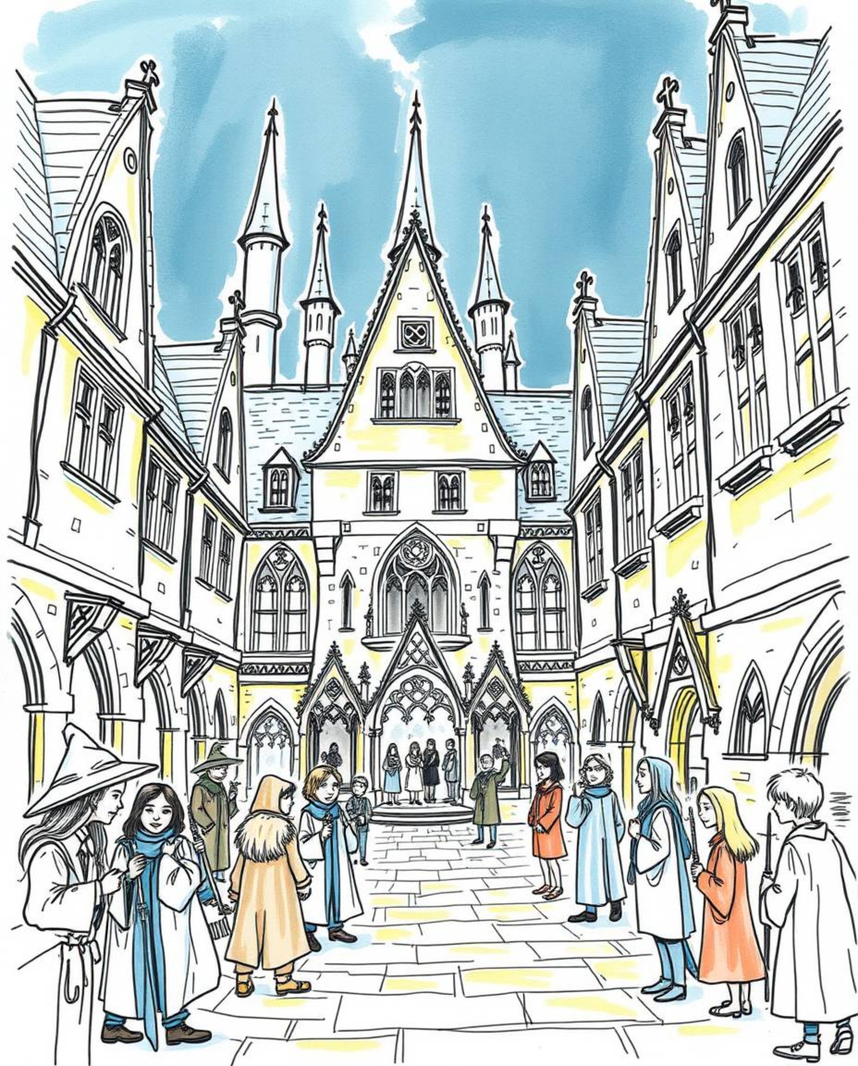Explore a hand-drawn sketch of a magical school bustling with young wizards, captured in a tight close-up shot with detailed 
