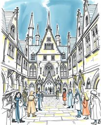 Explore a hand-drawn sketch of a magical school bustling with young wizards, captured in a tight close-up shot with detailed 