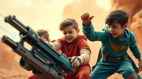 A dynamic close-up shot capturing three superpowered children engaged in an intense battle against a formidable robot. The sc