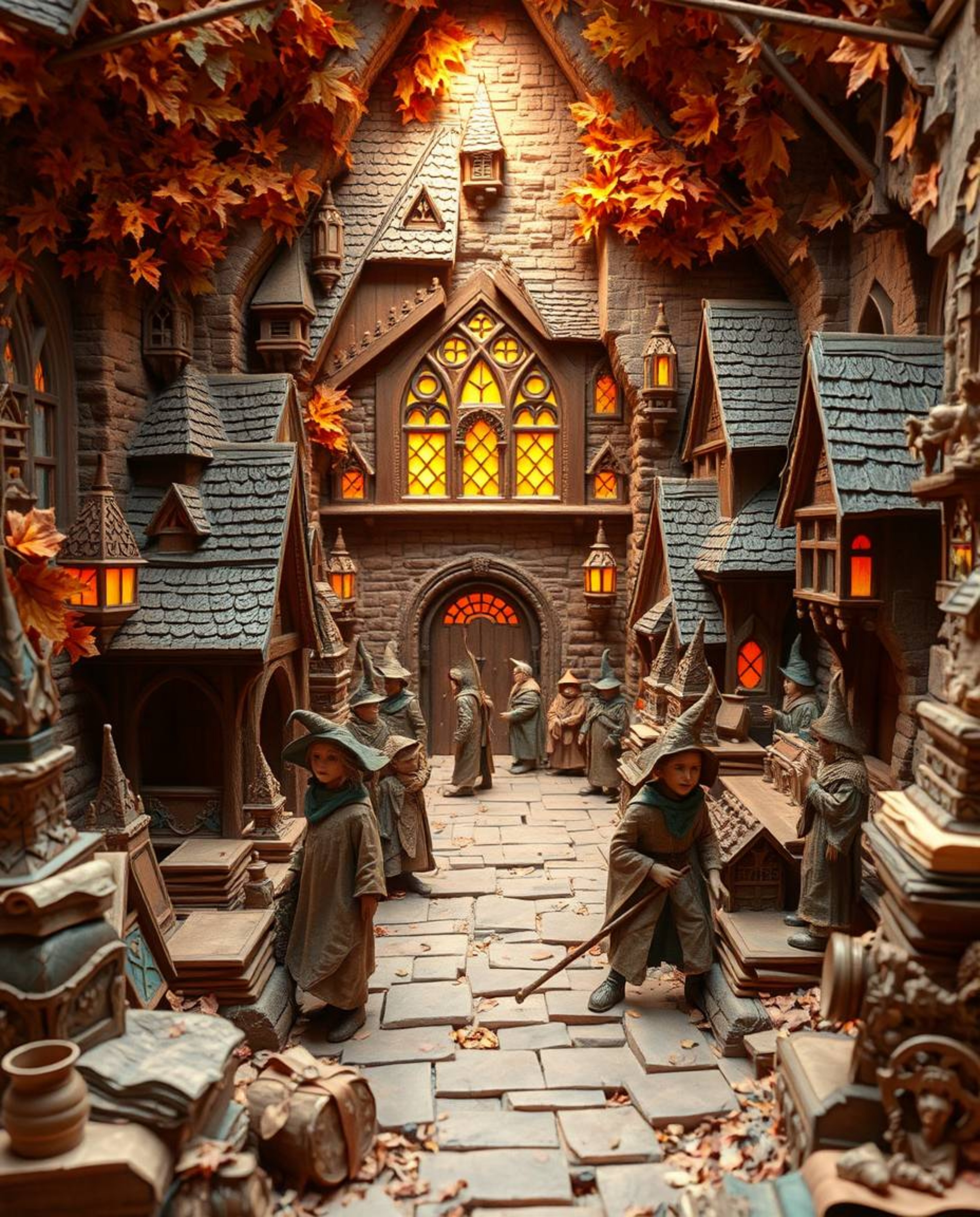 A grand, epic papier-mâché scene depicts a magical school brimming with young wizards.  Warm autumnal colors and a captivatin
