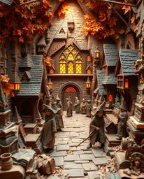 A grand, epic papier-mâché scene depicts a magical school brimming with young wizards.  Warm autumnal colors and a captivatin