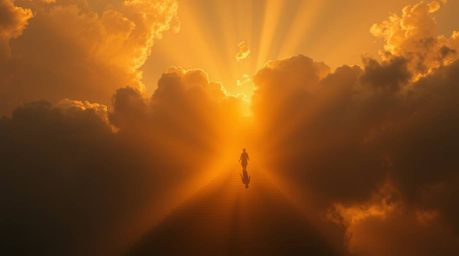 Experience a dreamlike and peaceful scene filled with a warm golden glow and high contrast, featuring steps of light ascendin