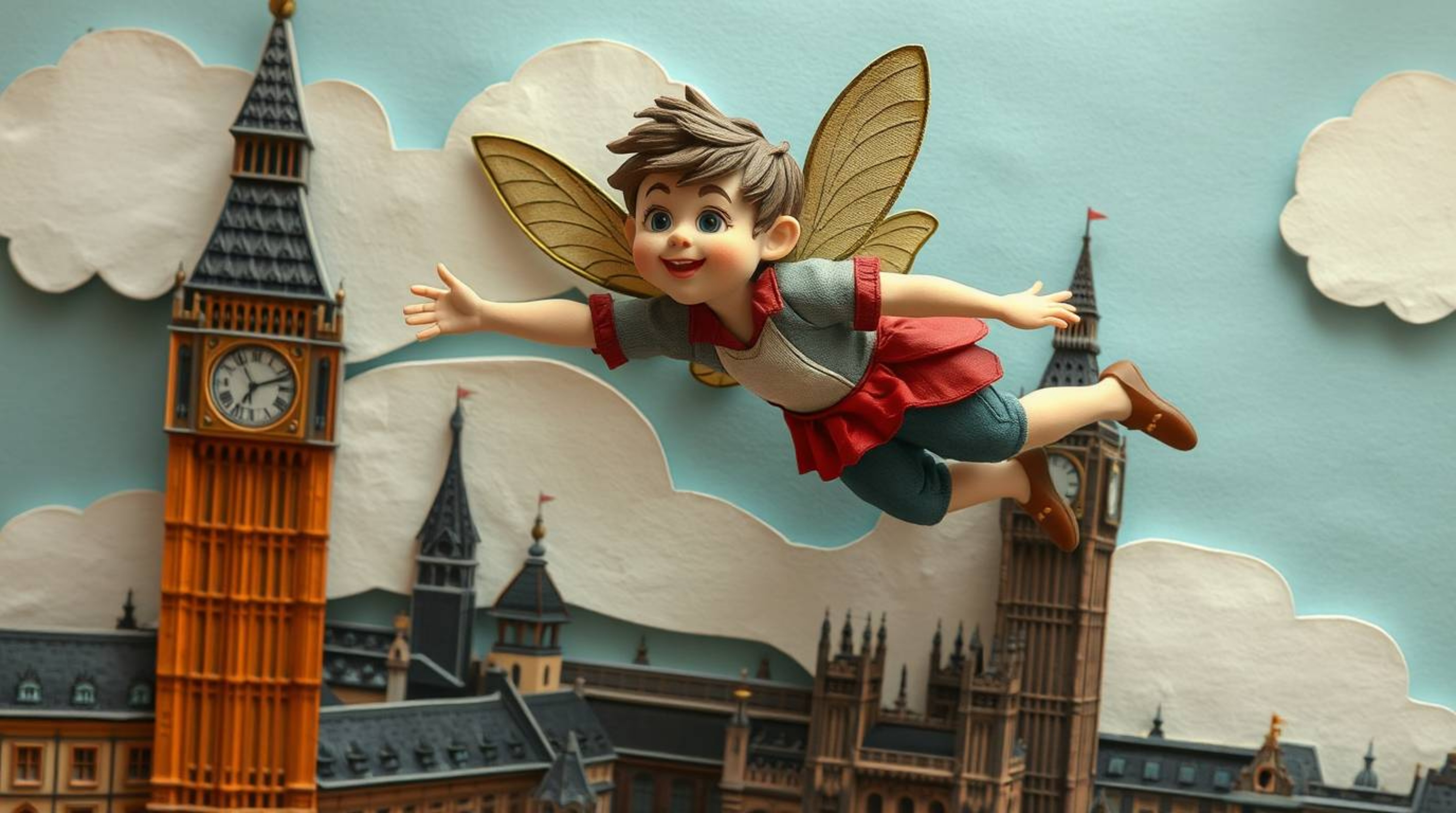 A vibrant, layered papier-mâché artwork depicting a young boy soaring above London with the aid of pixie dust. The piece feat