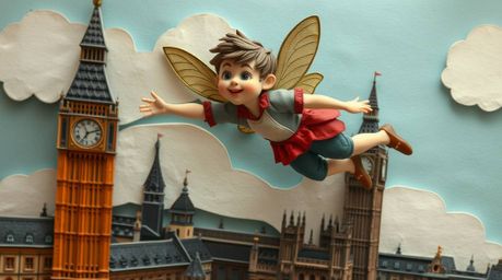 A vibrant, layered papier-mâché artwork depicting a young boy soaring above London with the aid of pixie dust. The piece feat