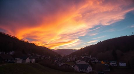 Discover a charming village nestled in a picturesque valley, bathed in the warm glow of a colorful sunset.  The scene feature