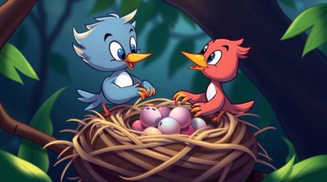 Watch two adorable cartoon birds construct their nest in a charming classic animation style.  The vibrant iridescent colors a