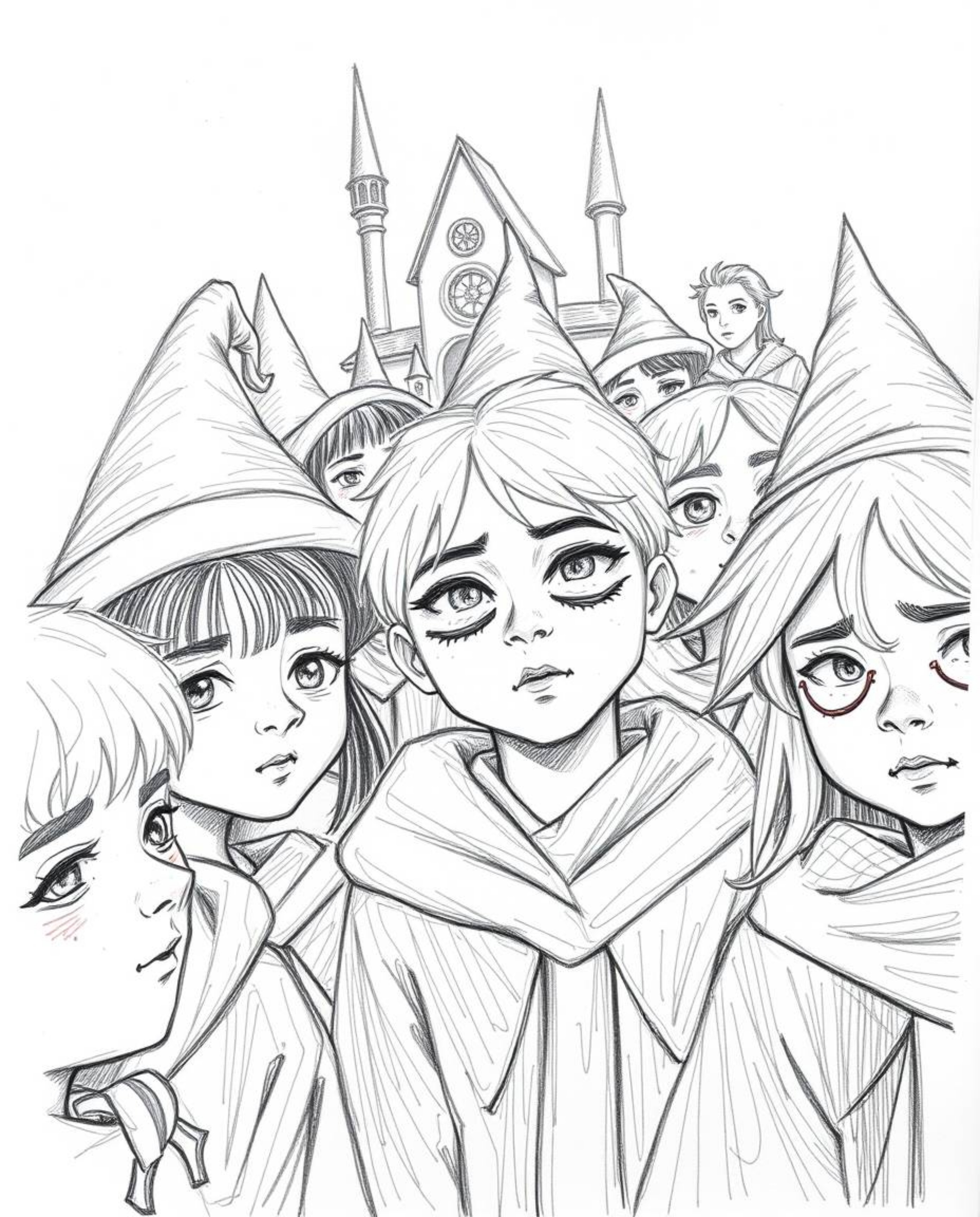 A captivating hand-drawn sketch showcases a magical school brimming with young wizards.  The close-up perspective emphasizes 