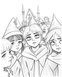 A captivating hand-drawn sketch showcases a magical school brimming with young wizards.  The close-up perspective emphasizes 