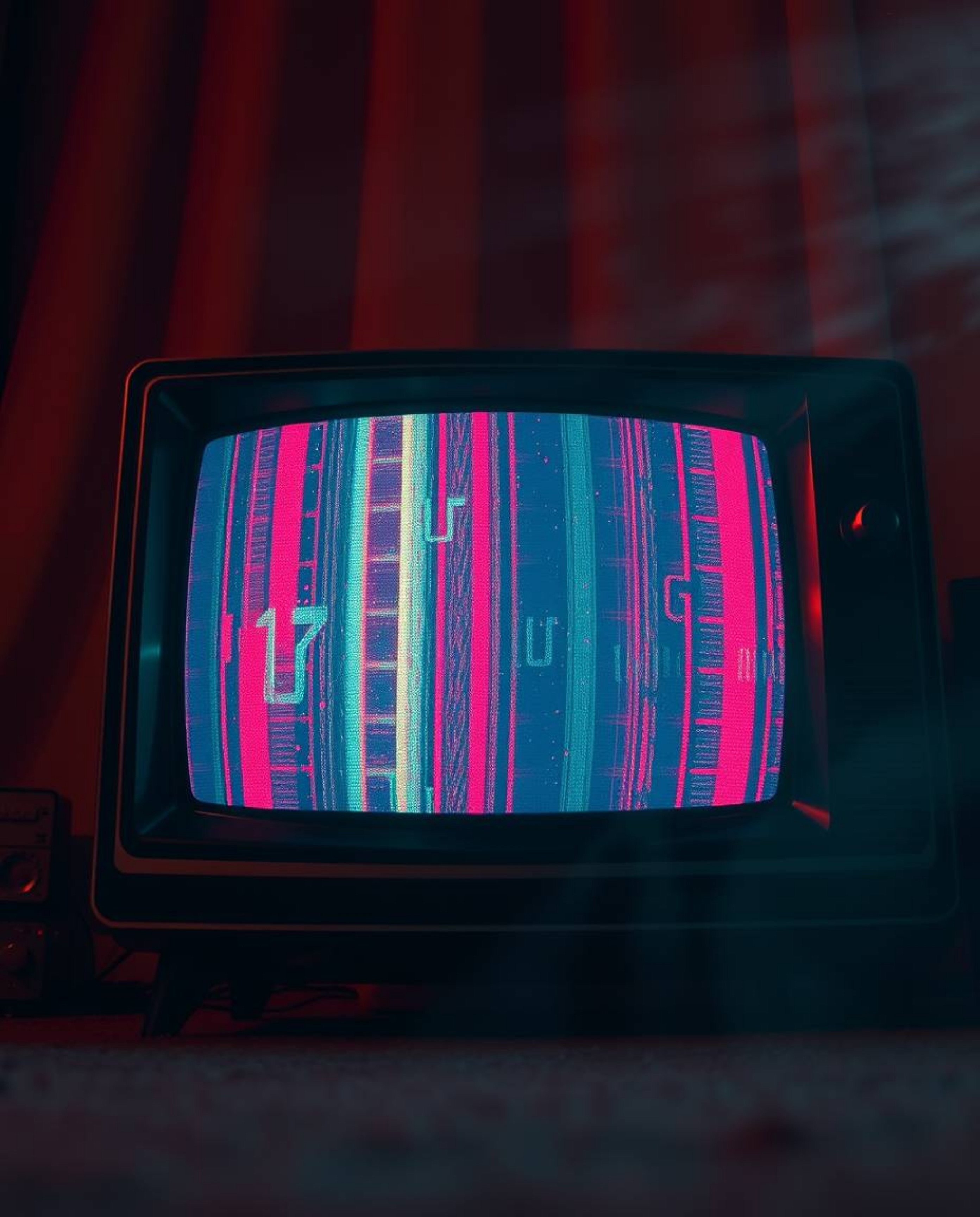 A captivating low-angle shot of a retro TV screen displaying mesmerizing RGB separated glitch static with volumetric lighting