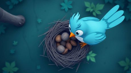 An enchanting bird's-eye view image showcases two cartoon birds diligently building a nest in a charming classic animation st
