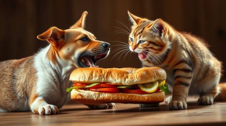 This dynamic fine art photograph captures a dramatic scene of a dog and cat fiercely battling over a large sandwich.  The chi